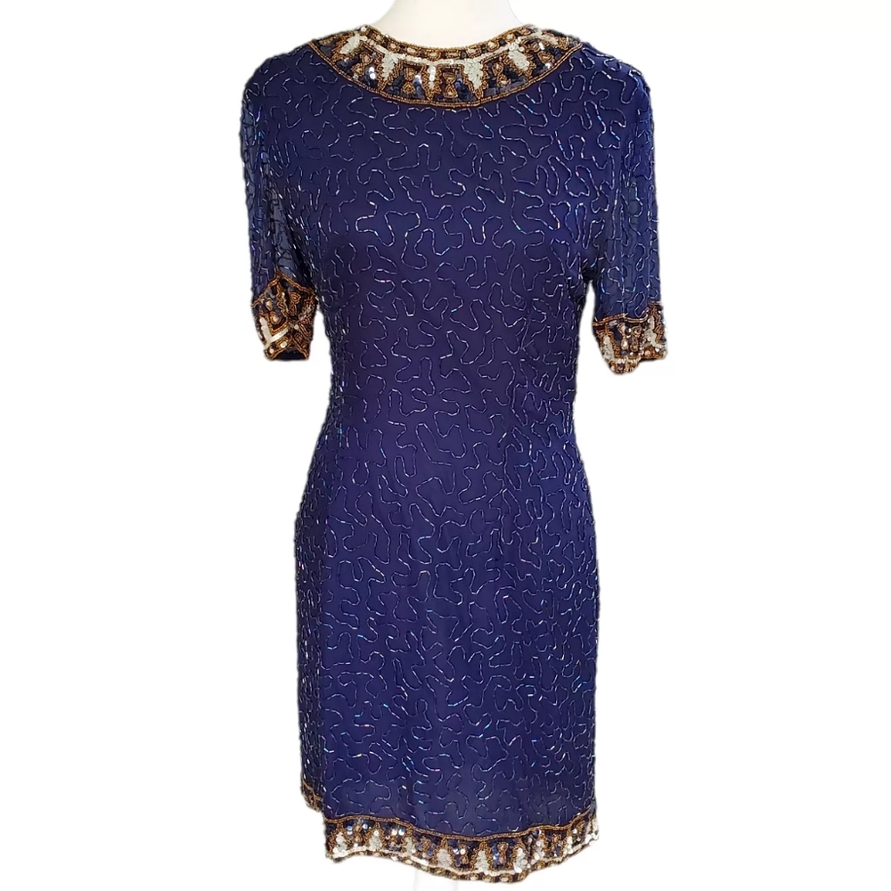 Vintage Lawrence Kazar Navy Beaded Silk Dress - S/M